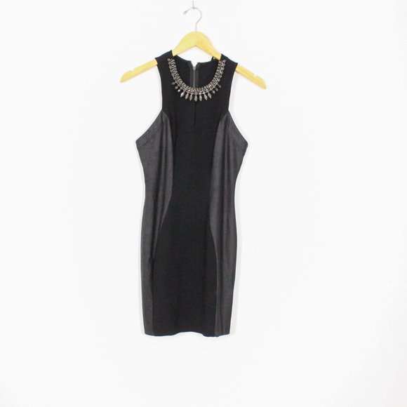 *Guess Women's Black Gray Jewel Neck Bodycon Mini Little Black Dress - Picture 4 of 9